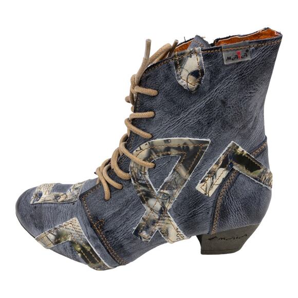 TMA EYES Distressed Boho Newsprint Layered Leather Heeled Ankle Boots 7 Women's - Picture 1 of 12